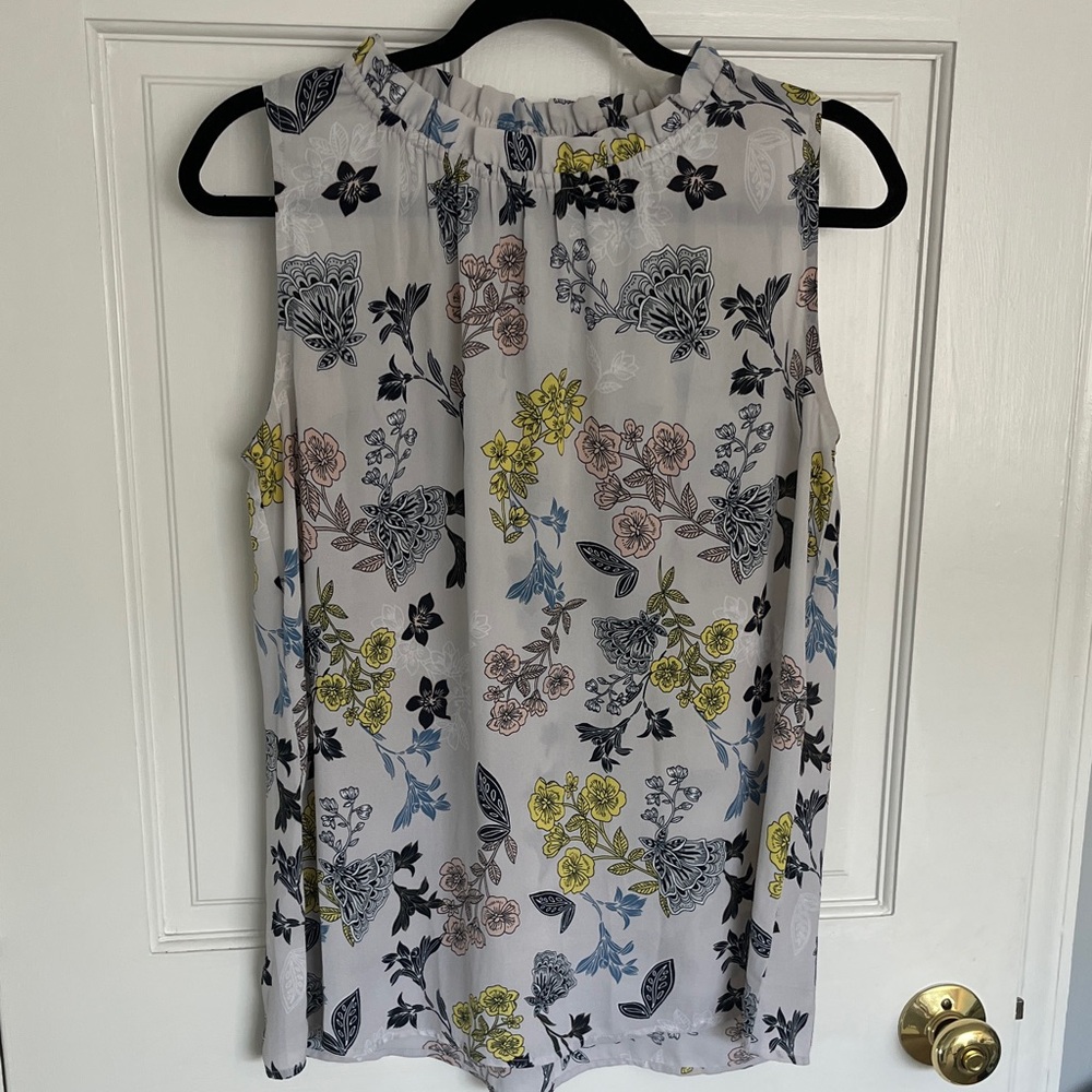 LOFT Sleeveless Floral Ruffle-Neck Blouse in White, Yellow, Blue, Black